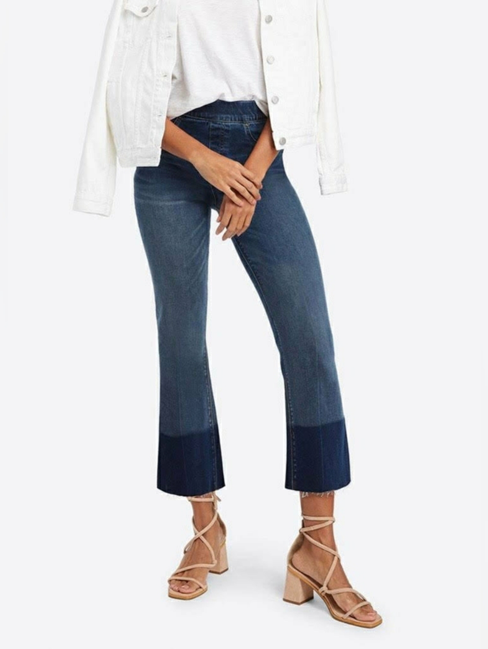 SPANX High Waisted Cropped Flare Raw Hem Jeans Lg